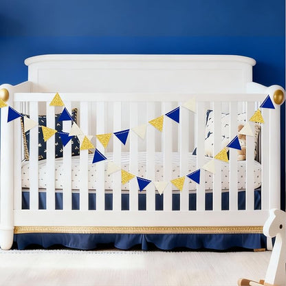 Blue Gold Beige Party Decoration Royal Gold Glitter Felt Hanging Triangle Mini Bunting Pennant Banner Flag for Birthday Wedding Graduation Baby Shower Nautical Ahoy Achor Party Nursery Classroom Decor