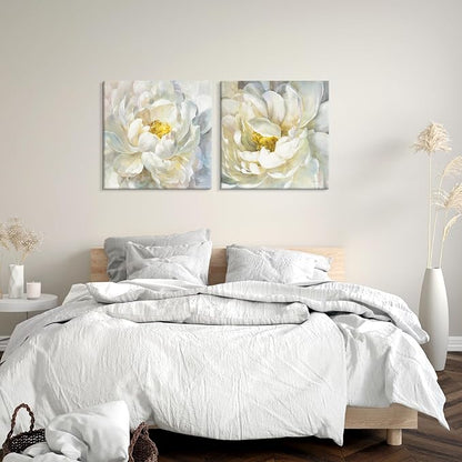 SEVEN WALL ARTS Peony Flower Canvas Wall Art Peonies Floral Pictures Set Abstract White and Yellow Blossom Paintings for Bedroom Living Room Home Office Decor 24"x24"x2pcs