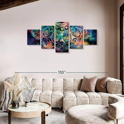 ElephantStock - Celestial Mandala Wall Art - Horizontal Multi Panel Canvas - 5 Piece Living Room Wall Decor - Digital Art Elements Multi Piece Wall Art - Turquoise And Blue Decor - 80" x 36"