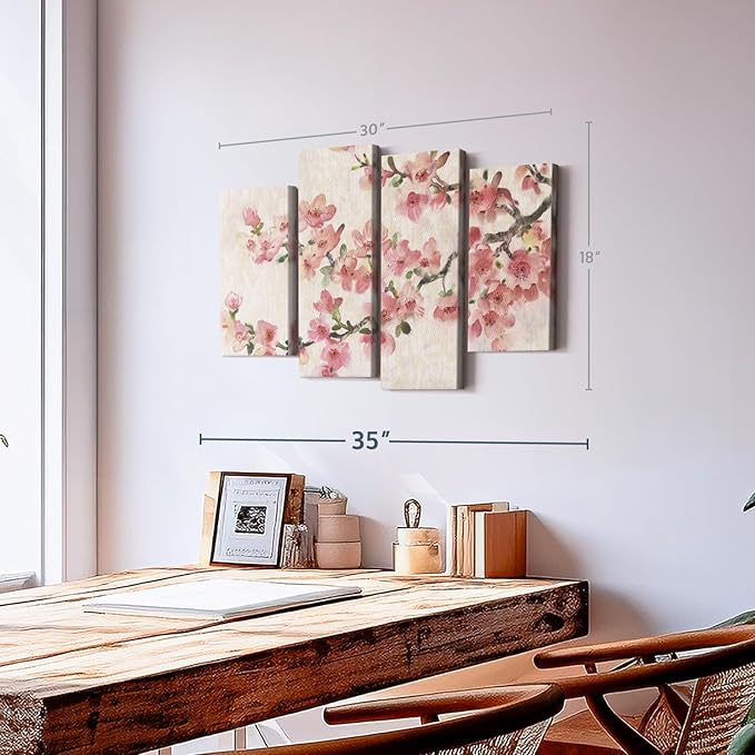 Elephant Stock Cherry Blossom Composition I Wall Art - Horizontal Canvas - 4-Piece Living Room Wall Decor - Branch Painting Canvas Print - Pink and Green Decor for Wall by Tim O'Toole - 30" X 18"