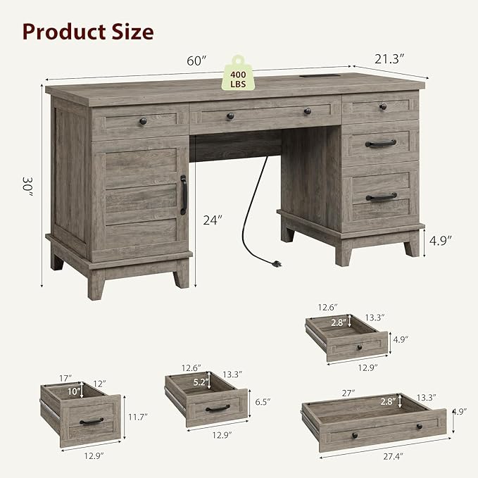 60 Inch Farmhouse Executive Desk with File Drawers for Home Office, Large Computer Desk with Storage Cabinet & Charging Station, Wooden Writing Table with Power Outlets & USB Ports for Work Study
