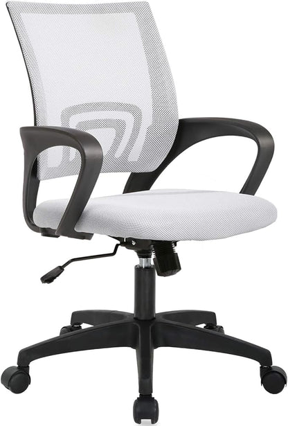 BestOffice | Ergonomic Office Chair | Mid-Back Swivel Desk Chair | Breathable Backrest & Lumbar Support | Adjustable Height | Sponge Seat | Rolling Wheels | White | for Adults & Women