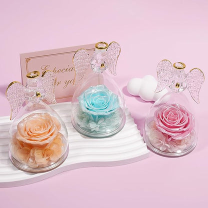 Yamonic Mom Birthday Gifts for Mom,Angel Figurines with Real Rose Gifts for Her Women Grandma, Preserved Flowers Rose Angel Figurines for Mothers Day Christmas Anniversary Wife Gifts(Pearl Champagne)