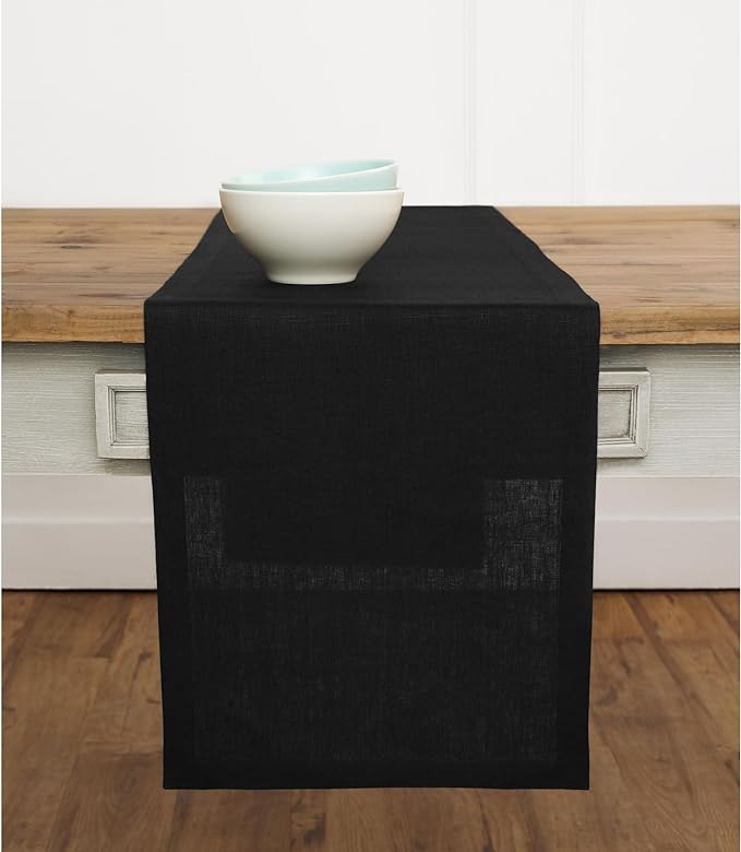 Solino Home Linen Black Table Runner 48 Inches - 100% Pure Linen Small Table Runner 14 x 48 Inch Ideal for Dresser and Coffee Tables - Fall, Autumn, Winter, Holiday - Fete