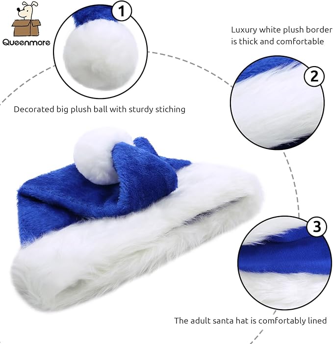 Queenmore Adult's Christmas Santa Claus Hat, Plush Santa Cap, Velvet Headwear, Lined and Fabric-Shedding Resistant