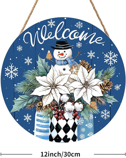 Welcome Winter Blue Poinsettia Front Door Sign Winter Snowman Wood Door Hanger Outdoor Outside Porch Decor Blue Christmas Snowflake Holiday Wreath Wall Hanging Welcome Sign for Home Front Porch 12in