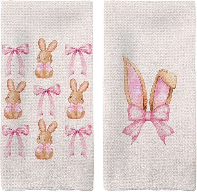 Coquette Pink Bow Easter Bunny Kitchen Towels Set of 2, CuteEaster Hand Towels, Easter Bunny Ears Dish Towels Dishcloths Tea Towels for Kitchen, EasterKitchen Bathroom Decor, 16x24 Inch