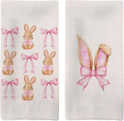 Coquette Pink Bow Easter Bunny Kitchen Towels Set of 2, CuteEaster Hand Towels, Easter Bunny Ears Dish Towels Dishcloths Tea Towels for Kitchen, EasterKitchen Bathroom Decor, 16x24 Inch