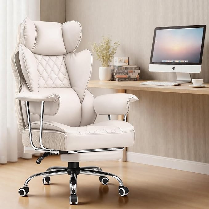 COMHOMA Big and Tall Office Chair, High Back Leather Gaming Chair with Footrest, Executive Ergonomic Office Chairs with Pocket Spring Lumbar Support and with Outward Fixed Soft Armrests