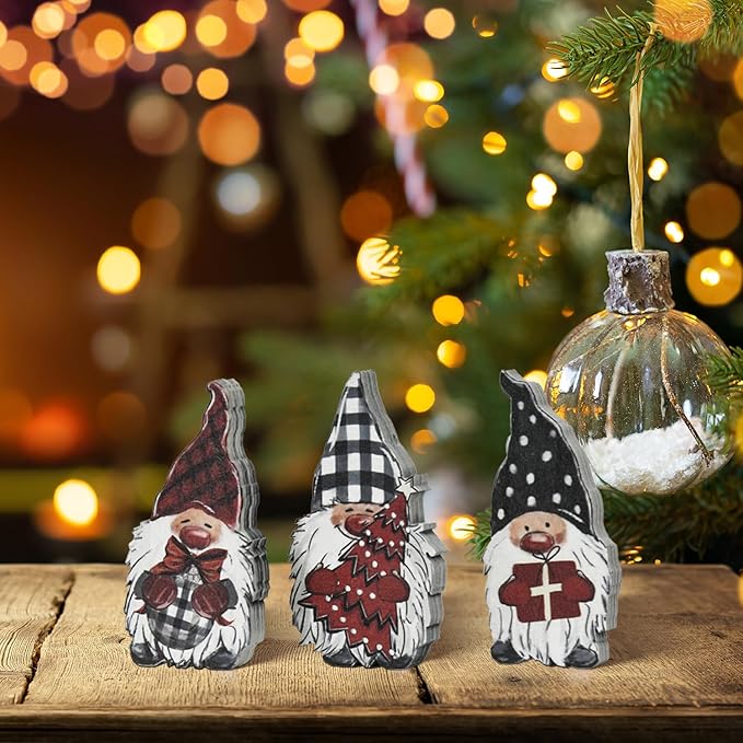 Smile 3 Pcs Wooden Blocks Christmas Signs, Gnomes Gifts Tiered Tray Decorations, for Home Table Shelf.