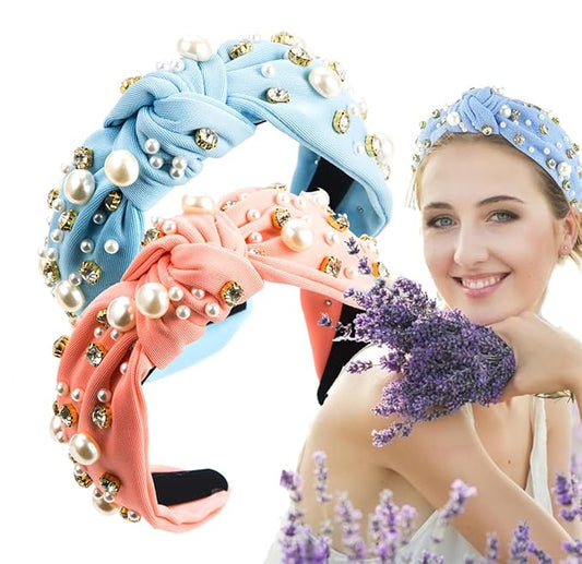 JILIYUPA Pearl Rhinestone Tweed Headband for Women, Sparkle Luxury Knotted Vintage Embellished Crystal, Pale blue, Pale Pink, 2 Count (Pack of 1)