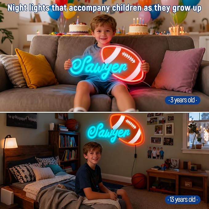 Custom Name Neon Sign, Personalized Neon Light with Rugby Pattern, Customizable Sports Led Light Up Signs for Player Presents Kids Bedrooms Birthday Party Presents Bar Man Cave Club Wall Decor