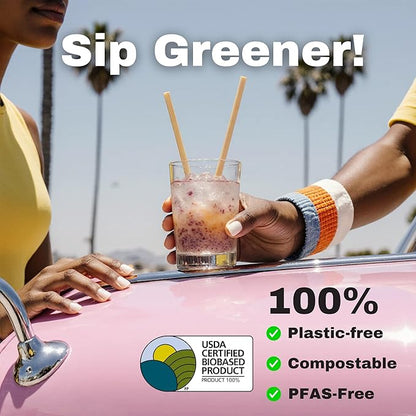 HAY Compostable Drinking Wrapped Straws 8 Inch Jumbo for Smoothies Milkshake Iced Coffee - 250 Count Biodegradable Never Soggy Plant Based Disposable Eco Friendly - Plastic Free Natural Tall Straws
