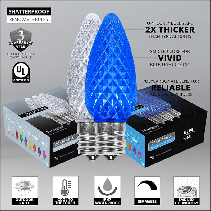 Wintergreen Lighting C9 OptiCore LED Blue & White Commercial Outdoor Christmas Lights – Heavy Duty Bulbs on 18 Gauge Green Wire for Holiday Displays (100 Lights, 100 ft, Blue/Cool White)