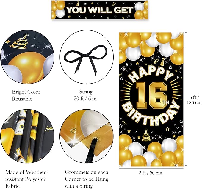 Happy 16th Birthday Decorations for Boys and Girls, 16 Years Old Birthday Fabric Backdrop Banner, Sixteen Party Supplies, Photo Booth Background, Door Wall, Yard Decor for Indoor Outdoor Use