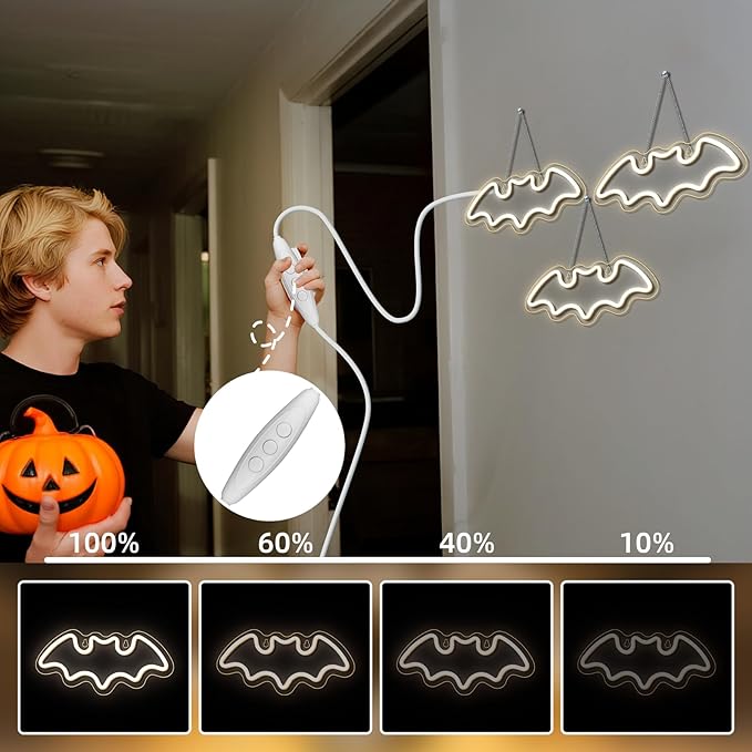 NOSUN 3 Bats Shape Neon Signs Night Lights Warm White Bats LED Light for Bedroom Bar Wall Halloween Decor Home Cafe Recreation Room Wall Artwork
