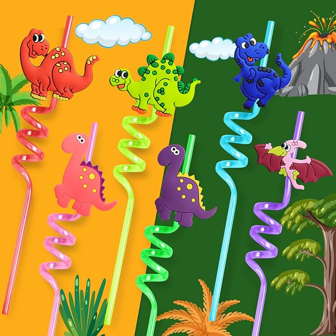 24 Reusable Dinosaur Drinking Plastic Straws + 6 Dinosaur Temporary Tattoos for Kids Girls Boys | Dinosaur Birthday Party Supplies Three Rex Party Favors Decorations with Cleaning Brush