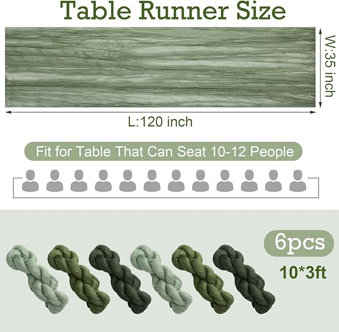 6 Pcs Cheesecloth Table Runner 10ft Boho Rustic Gauze Cheese Cloth Table Runner for Wedding Birthday Baby Shower Party Feasts Ceremony Summer(Sage Green, Moss Green, Olive Green)