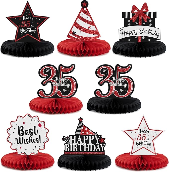 Happy 35th Birthday Decorations,35th Bday Red Glitter Shiny Stand Honeycomb Table Centerpieces - Cheers to 35 Years Old Birthday Party Photoprop Gift Sign.