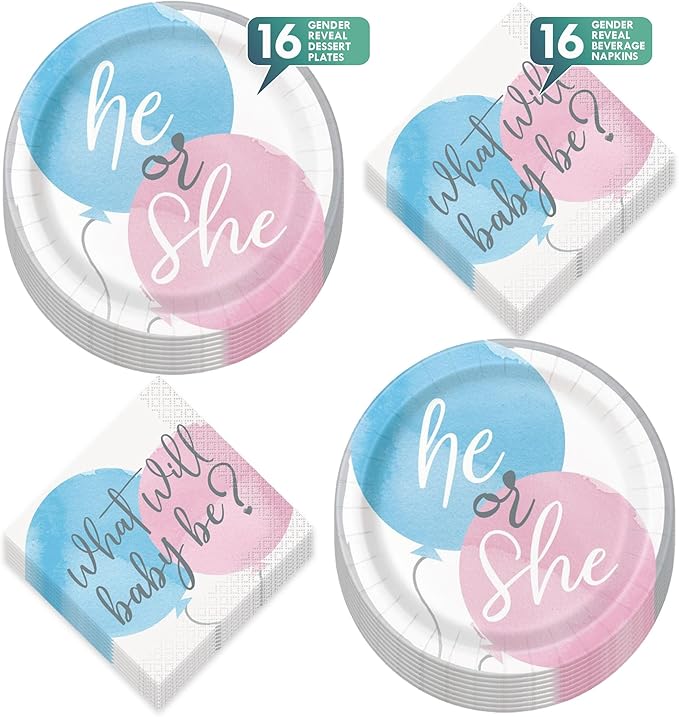 HOME & HOOPLA Baby Shower Gender Reveal Party Pink & Blue Watercolor Paper Dessert Plates and Beverage Napkins(Serves 16)