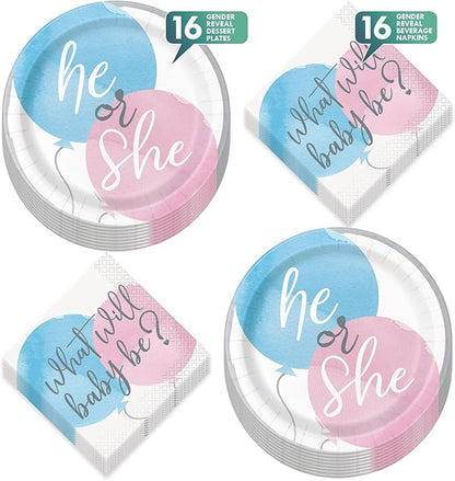 HOME & HOOPLA Baby Shower Gender Reveal Party Pink & Blue Watercolor Paper Dessert Plates and Beverage Napkins(Serves 16)
