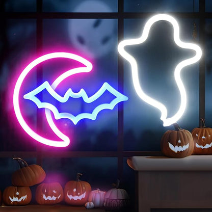 BRIGHTDECK 2 Pack Halloween Neon Signs, White Ghost, Blue Bat Full Moon Neon Lights Decorations, USB/Battery Powered Led Neon Sign for Halloween Wall Decor, Bedroom, Kids Gift, Living Room, Bar, Party (Half Moon)