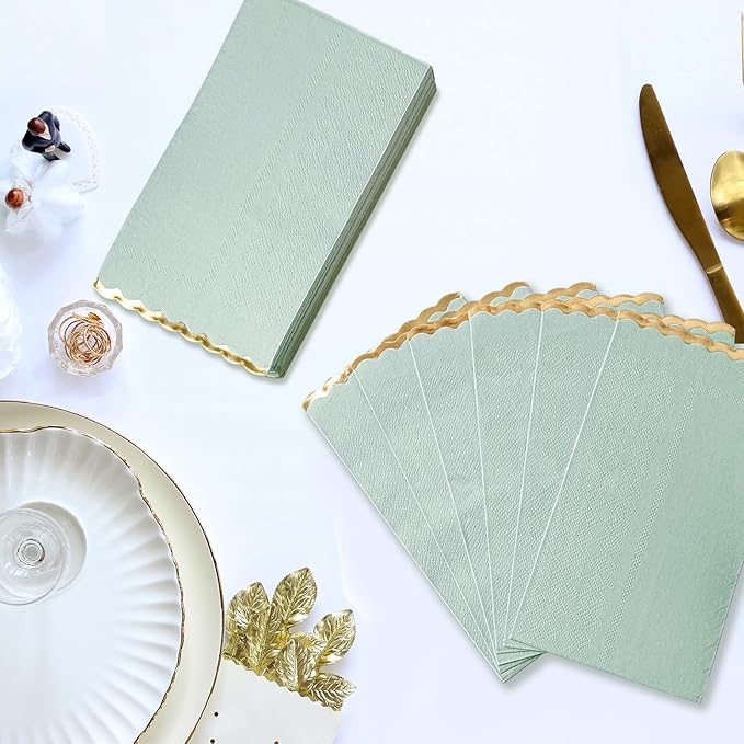 50 Sage Green Paper Napkins Decorative, Gold Foil Scalloped Edged Guest Napkins Disposable, Dinner Napkins for Wedding, Shower Baby, Birthday Parties Supplies(4 x 8 In, Sage Green)