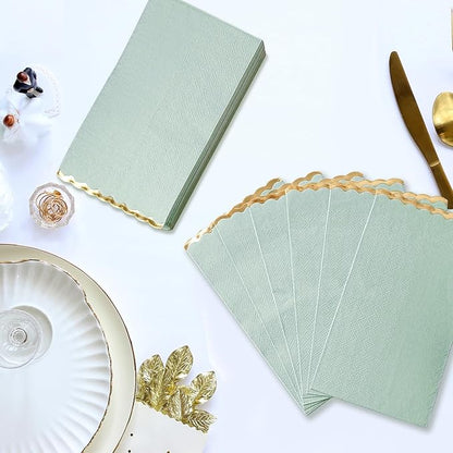 50 Sage Green Paper Napkins Decorative, Gold Foil Scalloped Edged Guest Napkins Disposable, Dinner Napkins for Wedding, Shower Baby, Birthday Parties Supplies(4 x 8 In, Sage Green)