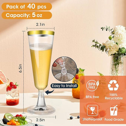 SUREHOME Gold Champagne Flutes Plastic Champagne Glasses Disposable 40 Pack 5Oz Gold Rim Crystal Stemware Wedding Toasting Wine Mimosa Glasses Cups Bulk for Birthday New Years Eve Party Supplies 2026