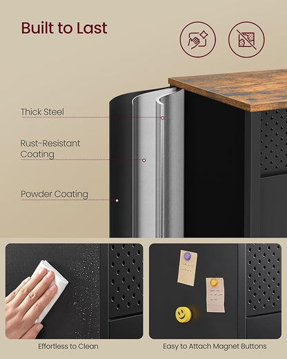 SONGMICS Storage Cabinet, Metal Cabinet, Sideboard with 2 Doors, 15.7 x 43.3 x 29.9 Inches, Magnetic Closure, Adjustable Shelves, Steel Frame, Rustic Brown and Matte Black ULSC204B01