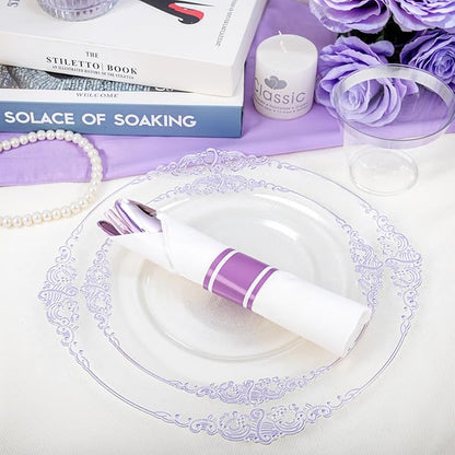 Hioasis 175pcs Clear Purple Plastic Plates - Elegant Disposable Dinnerware Set Suitable for 25 Guests Include 10.25" Dinner & 7.5" Dessert Plates, Pre Rolled Silverware Set, Cups for Party & Wedding