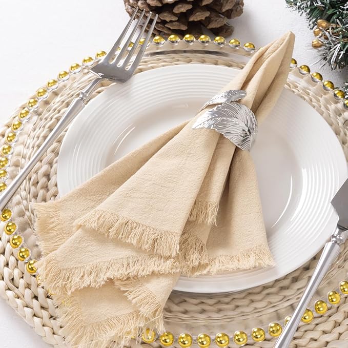 12 Pack Champagne Cotton Linen Napkins with Fringe Christmas Cloth Napkins Set of 12 Boho Handmade Holiday Napkins Bulk for Wedding Baby Shower Xmas Dinner Table Parties, 17 x 17 Inches