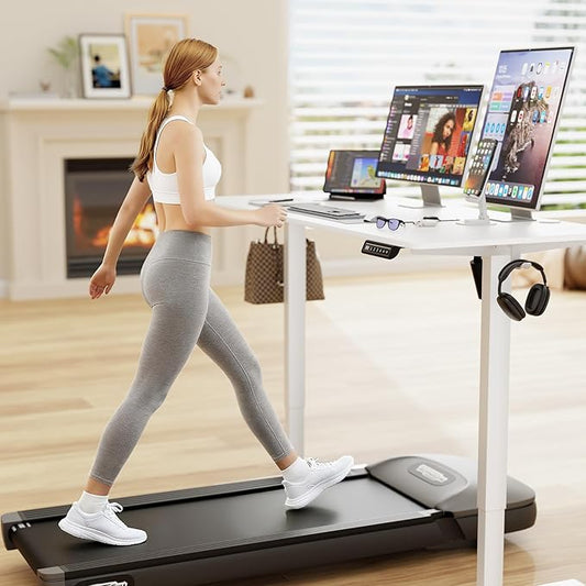 Furmax Electric Standing Desk, 55 x 24 Inches Sit Stand up Desk, Sit Stand Height Adjustable Home Office Desk with 4 Height Position Memory - with Splice Board (White, 55)