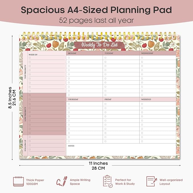 Taja Weekly To Do List Notepad with 52 Undated Sheets（8.5"×11"）- Weekly Desk Planner for Women & Man, Work and Home - 1 Pack Cherry Orchard