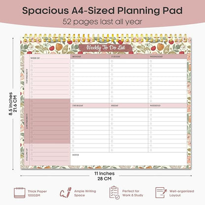 Taja Weekly To Do List Notepad with 52 Undated Sheets（8.5"×11"）- Weekly Desk Planner for Women & Man, Work and Home - 1 Pack Cherry Orchard