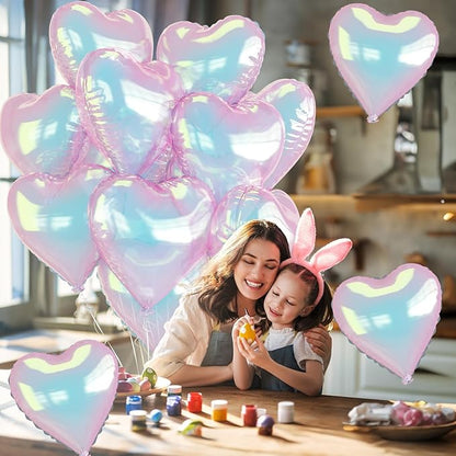 Iridescent Heart Balloons 9PCS 18In Transparent Laser Heart Foil Balloon Large Gradient Crystal Iridescent Colorful Balloon for Birthday Wedding Easter Rainbow Winter Mermaid Fantasy Theme Party Decor