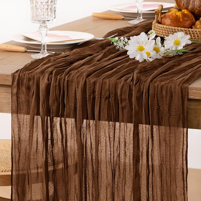 MLMC 3 Pack Brown Table Runner 10ft Boho Rustic Gauze Coffee Cheesecloth Table Runner Neutral Winter Decor 35x120 Inches for Wedding Bridal Shower Reception Party Decor