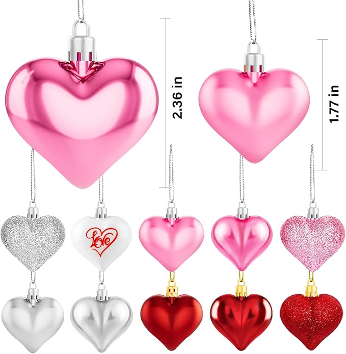 36Pcs Valentines Day Decor Heart Ornaments Classic Red Pink Silver Valentines Decorations Heart Shaped Baubles Hanging Ornaments for Valentine’s Day Christmas Tree Wedding Anniversary Party