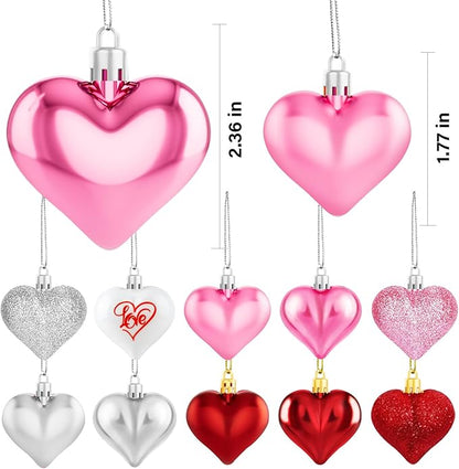 36Pcs Valentines Day Decor Heart Ornaments Classic Red Pink Silver Valentines Decorations Heart Shaped Baubles Hanging Ornaments for Valentine’s Day Christmas Tree Wedding Anniversary Party