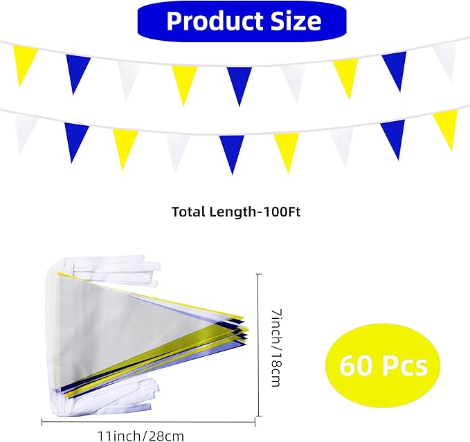 100 Feet 60 Pcs Yellow White and Blue Pennant Banner Flag String Hanging Triangle DIY Flag, Bunting Streamers Decoration for Grand Opening, Birthday, Wedding Celebration (Yellow White & Blue)