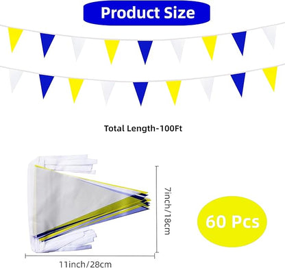 100 Feet 60 Pcs Yellow White and Blue Pennant Banner Flag String Hanging Triangle DIY Flag, Bunting Streamers Decoration for Grand Opening, Birthday, Wedding Celebration (Yellow White & Blue)