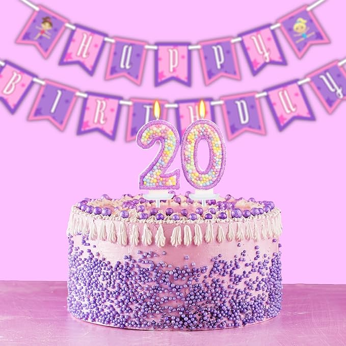Purple Birthday Candles - Number 20 Candle, Colorful Macaron Candles, 20 Birthday Decorations for Girls, Purple Cake Decorations, Theme Party Supplies