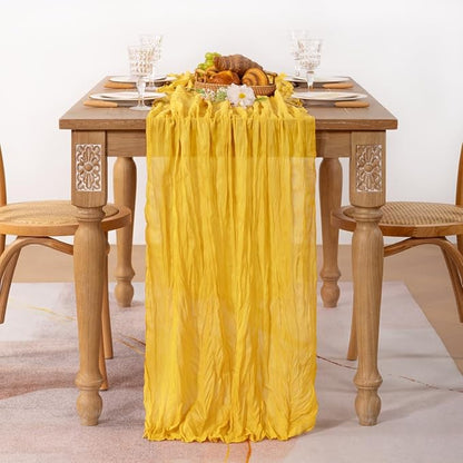 MLMC Gold Table Runner Rustic Winter Cheesecloth Table Runner 10ft Gauze Cheese Cloth Table Decoration 35x120 Inches for Wedding Picinc Party Family Gatherings Christmas Home Decor