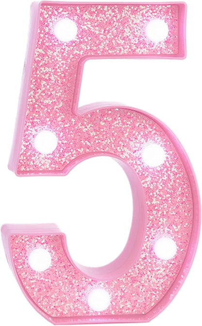 Pink LED Light Up Marquee Numbers, Glitter Lighted Numbers Sign Battery Operated for Girls 5th 15th Birthday Party Decorations, 2025 Graduation Prom Decor, Pink Number 5 with Cool White Lights