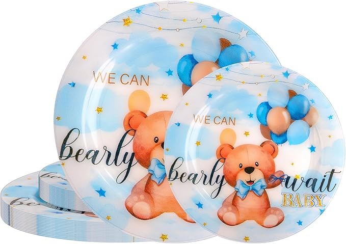 WELLIFE 20PCS We Can Bearly Wait Teddy Bear Plates – Reusable Plastic Dinner & Dessert Plates (10×9.2" + 10×6.3") for Baby Shower, Gender Reveal & Boy Birthday Party