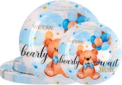 WELLIFE 20PCS We Can Bearly Wait Teddy Bear Plates – Reusable Plastic Dinner & Dessert Plates (10×9.2" + 10×6.3") for Baby Shower, Gender Reveal & Boy Birthday Party