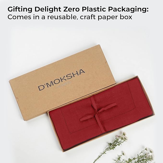 D'Moksha Homes Linen Red Table Runner 48 Inches - Classic Hemstitch, 100% Pure Linen Coffee Table Runner 14 x 48 Inch Ideal for Dresser Tables - Winter, Christmas, Holiday