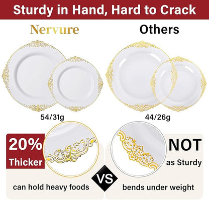 Nervure 700PCS Gold Plastic Plates - Gold Plastic Dinnerware Sets for 100 Guests - 200 Disposable Plates, 300 Silverware, 100 Cups, 100 Napkins for Wedding & Party & Thanksgiving