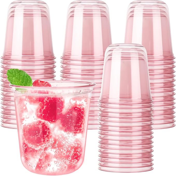 50pcs 12oz Disposable Stemless Glasses,PET Disposable Drinking Cups,Cold Party Clear Plastic Wine Glasses for Parties Birthday,Wedding,Meeting,Christmas Party Supplies. (Pink)