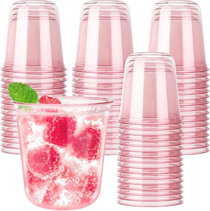 50pcs 12oz Disposable Stemless Glasses,PET Disposable Drinking Cups,Cold Party Clear Plastic Wine Glasses for Parties Birthday,Wedding,Meeting,Christmas Party Supplies. (Pink)
